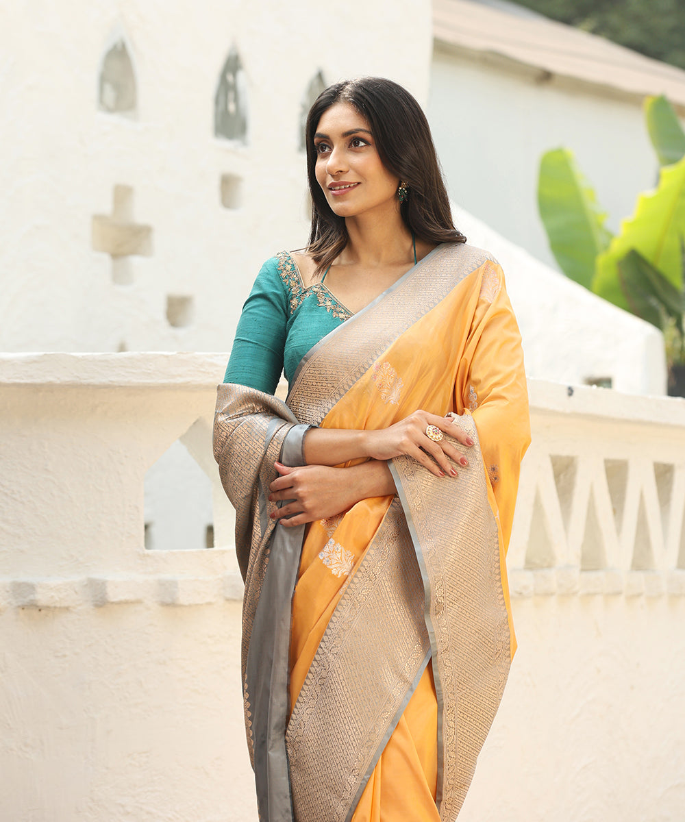 Handloom_Mustard_And_Grey_Pure_Katan_Silk_Banarasi_Saree_With_Kadhwa_Boota_WeaverStory_01