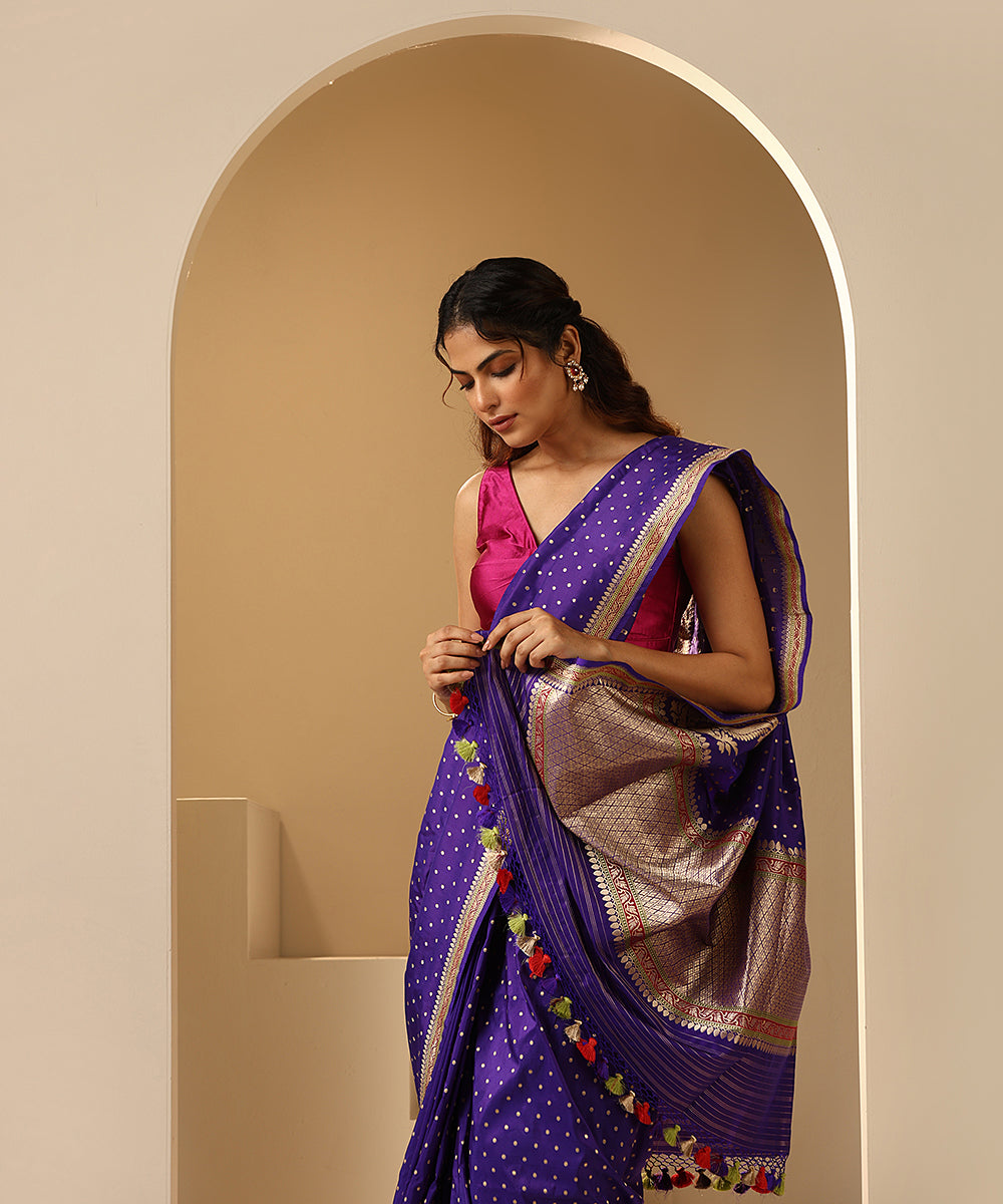 Midnight Purple Banarasi Silver Zari Gita Shlok Brocade Handwoven Katan  Silk Saree with Golden Border - By HolyWeaves