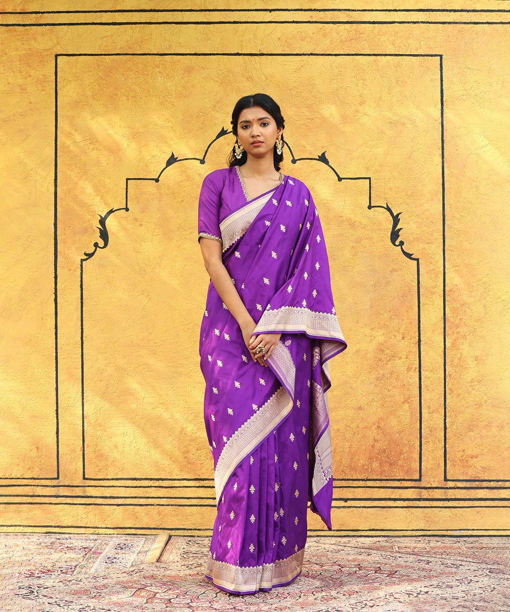 Bengali Cotton Mango Butti Menthi Yellow And Purple Saree