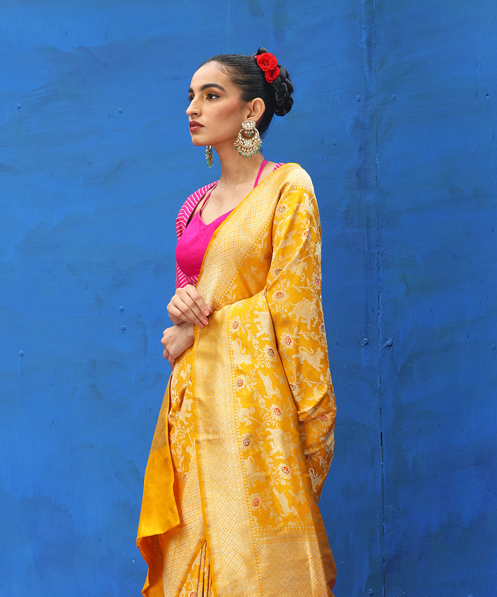 Handloom_Mustard_Pure_Katan_Silk_Zari_Weft_Shikargah_Banarasi_Saree_With_Meenakari_WeaverStory_01