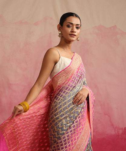 Handloom_Grey_And_Pink_Ombre_Dyed_Pure_Georgette_Banarasi_Bandhej_Saree_WeaverStory_01