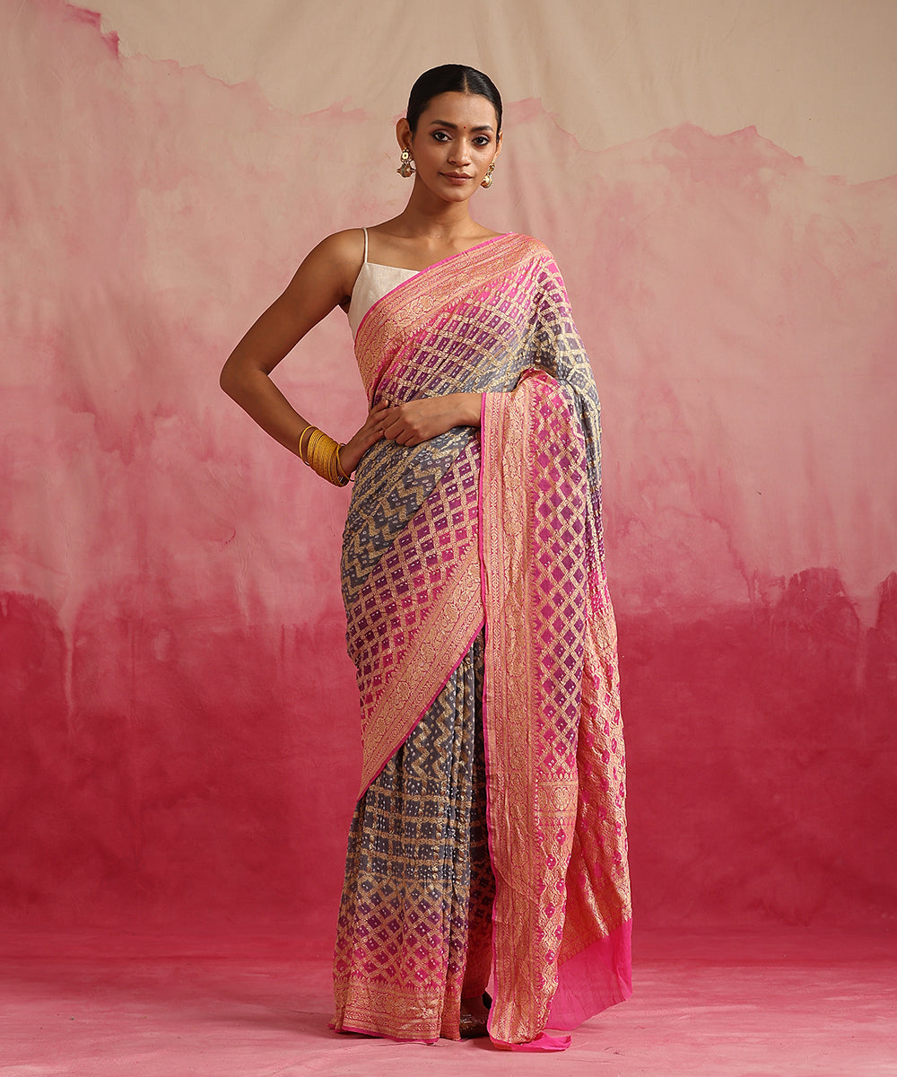 Handloom_Grey_And_Pink_Ombre_Dyed_Pure_Georgette_Banarasi_Bandhej_Saree_WeaverStory_02