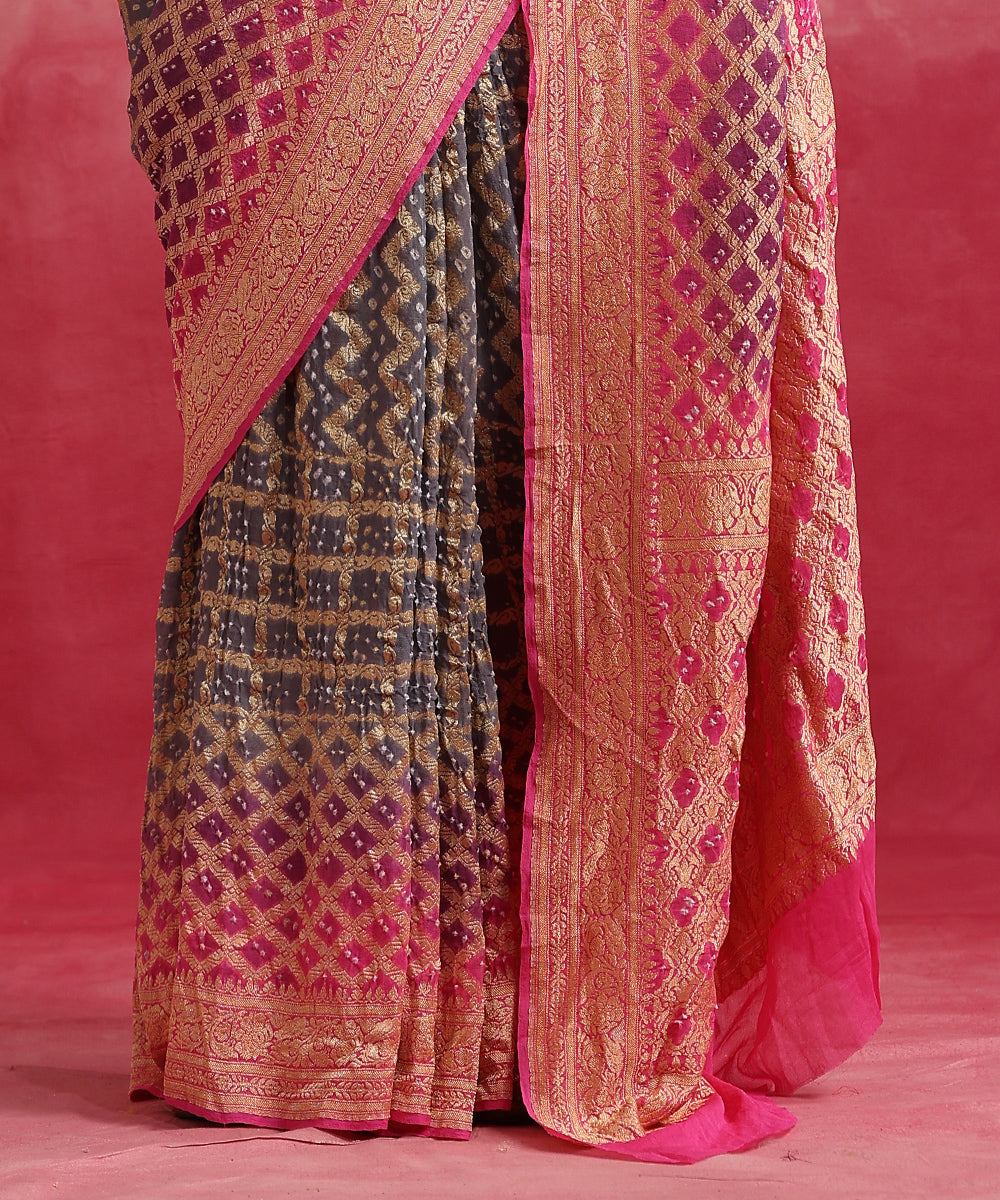 Handloom_Grey_And_Pink_Ombre_Dyed_Pure_Georgette_Banarasi_Bandhej_Saree_WeaverStory_04