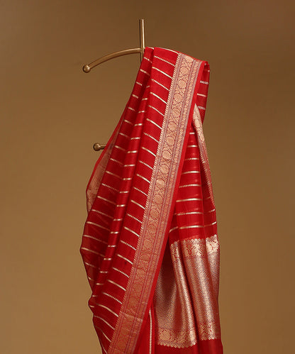 Handloom_Red_Pure_Organza_Silk_Banarasi_Saree_With_Silver_Zari_Floral_Border_And_Vertical_Stripes_WeaverStory_02