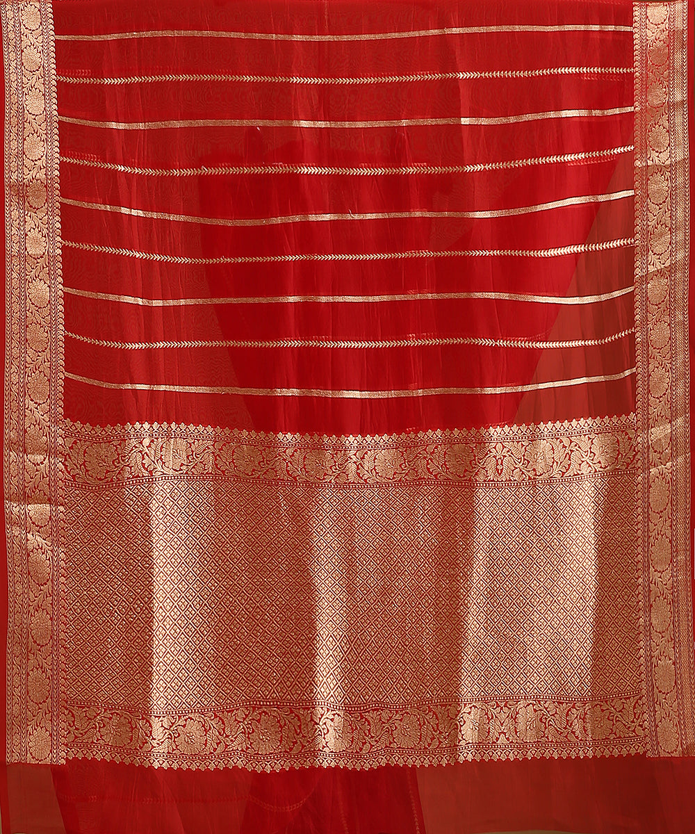 Handloom_Red_Pure_Organza_Silk_Banarasi_Saree_With_Silver_Zari_Floral_Border_And_Vertical_Stripes_WeaverStory_05