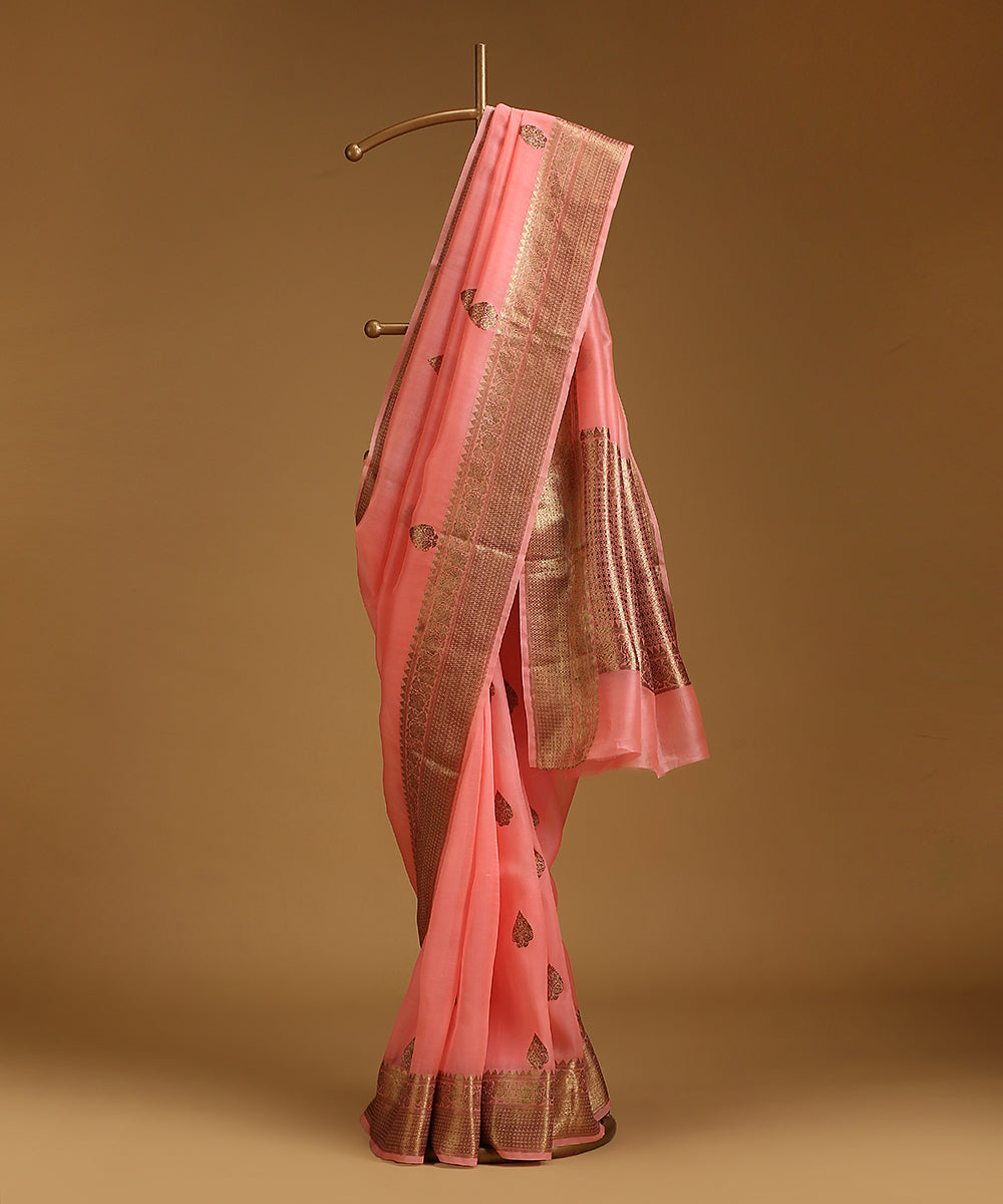 Peach_Handloom_Pure_Organza_Silk_Banarasi_Saree_With_Antique_Zari_Border_And_Boota_WeaverStory_01