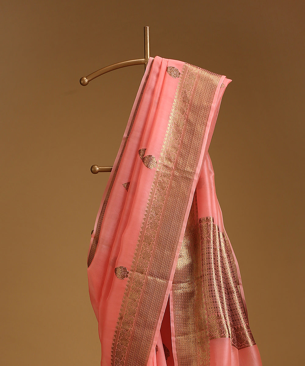 Peach_Handloom_Pure_Organza_Silk_Banarasi_Saree_With_Antique_Zari_Border_And_Boota_WeaverStory_02