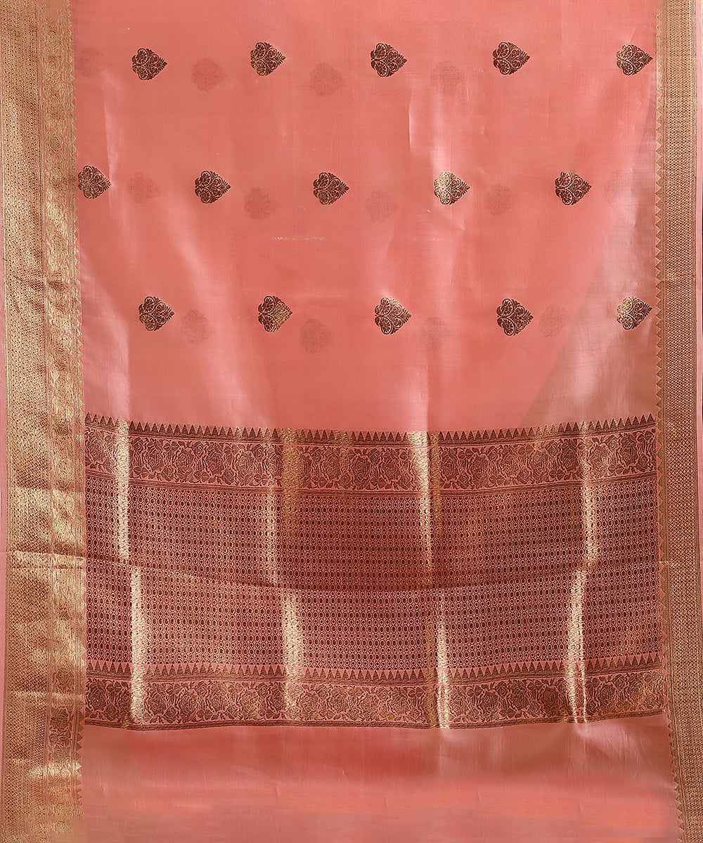 Peach_Handloom_Pure_Organza_Silk_Banarasi_Saree_With_Antique_Zari_Border_And_Boota_WeaverStory_05