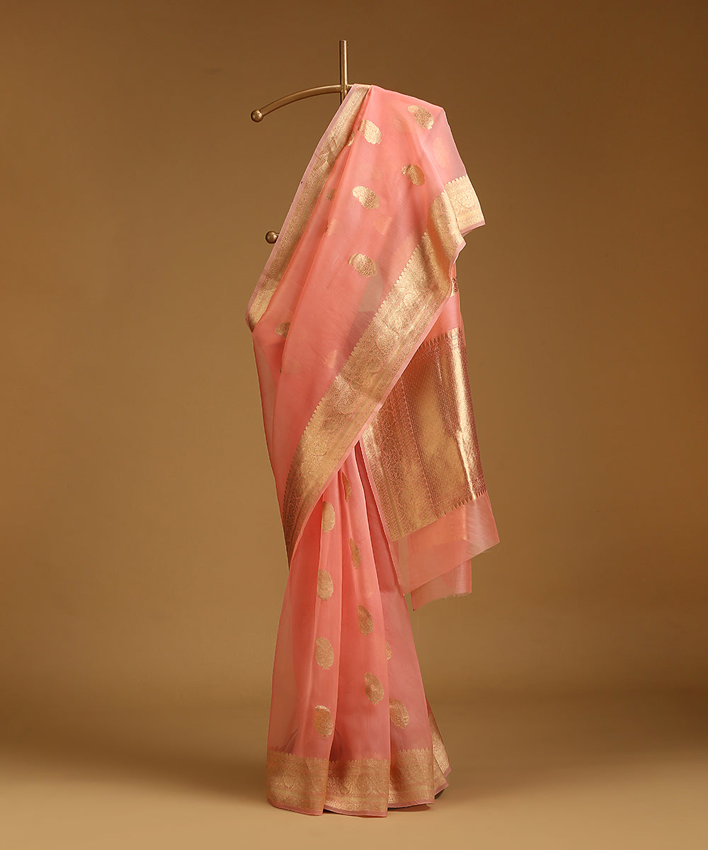 Peach_Handloom_Pure_Organza_Silk_Banarasi_Saree_With_Gold_Zari_Border_And_Kadhwa_Boota_WeaverStory_01