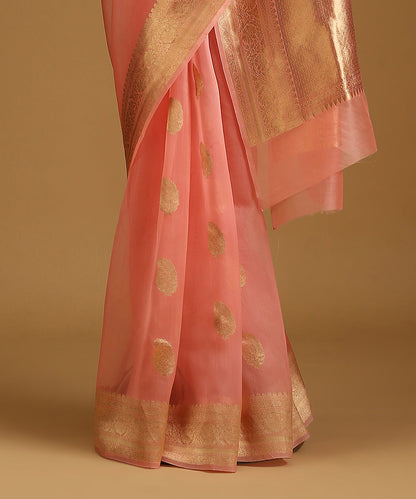 Peach_Handloom_Pure_Organza_Silk_Banarasi_Saree_With_Gold_Zari_Border_And_Kadhwa_Boota_WeaverStory_03