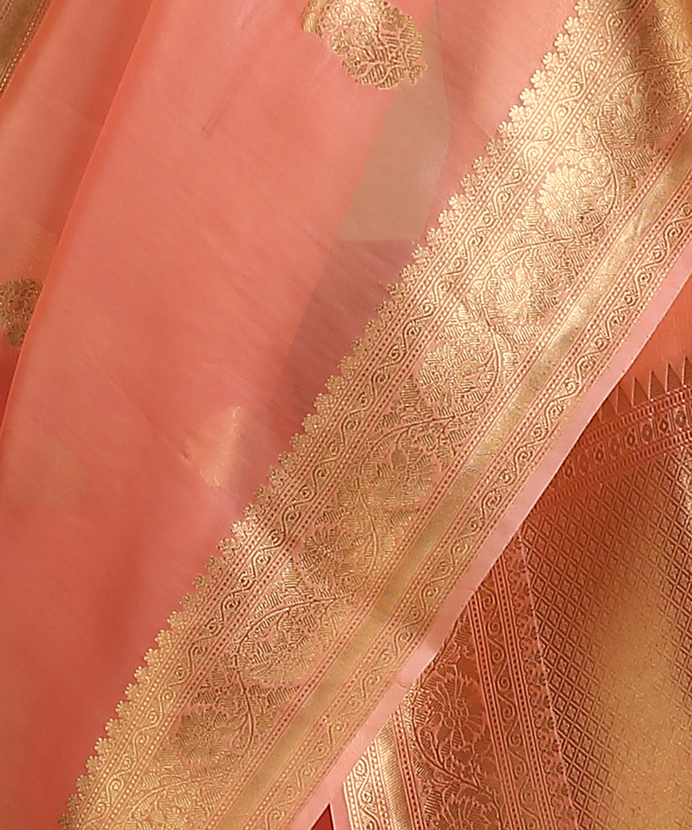 Peach_Handloom_Pure_Organza_Silk_Banarasi_Saree_With_Gold_Zari_Border_And_Kadhwa_Boota_WeaverStory_04