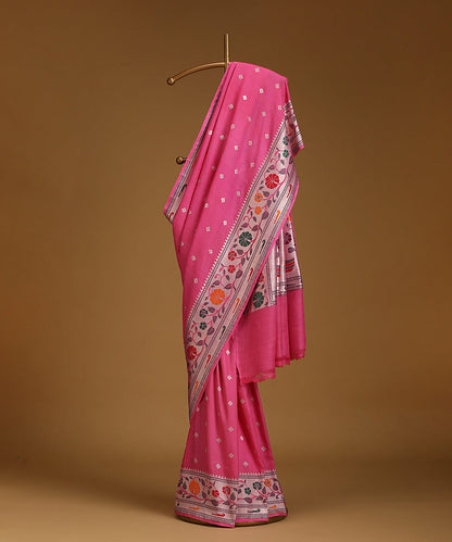 Handloom_Pink_Pure_Tusser_Georgette_Banarasi_Saree_With_Multicolour_Border_And_Cutwork_Booti_WeaverStory_01