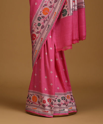 Handloom_Pink_Pure_Tusser_Georgette_Banarasi_Saree_With_Multicolour_Border_And_Cutwork_Booti_WeaverStory_03