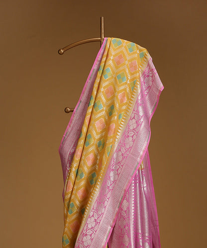 Handloom_Mustard_And_Pink_Pure_Tusser_Georgette_Banarasi_Saree_With_Cutwork_Booti_WeaverStory_02