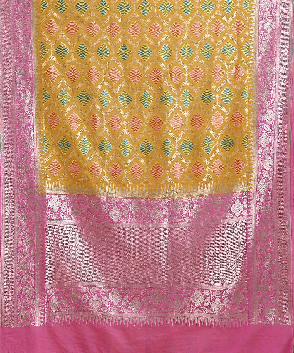 Handloom_Mustard_And_Pink_Pure_Tusser_Georgette_Banarasi_Saree_With_Cutwork_Booti_WeaverStory_05