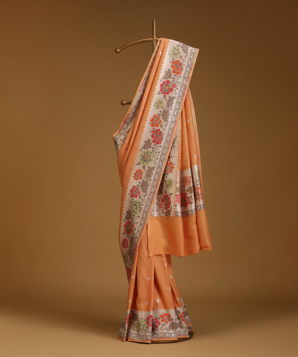 Rust_Handloom_Pure_Tusser_Georgette_Banarasi_Saree_With_Multicolour_Floral_Border_WeaverStory_01