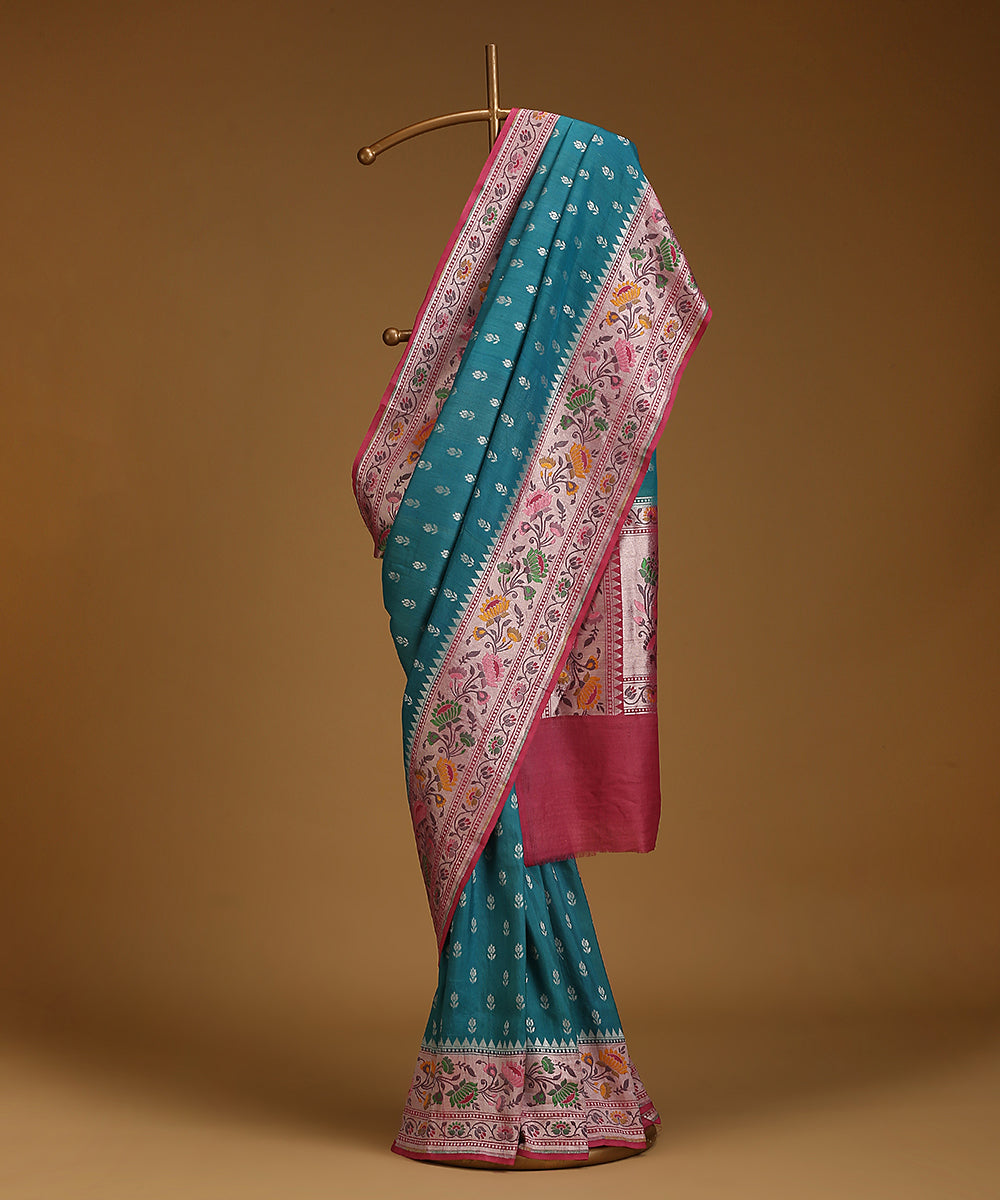 Handloom_Teal_And_Pink_Pure_Tusser_Georgette_Banarasi_Saree_With_Multicolour_Floral_Border_And_Bootis_WeaverStory_01