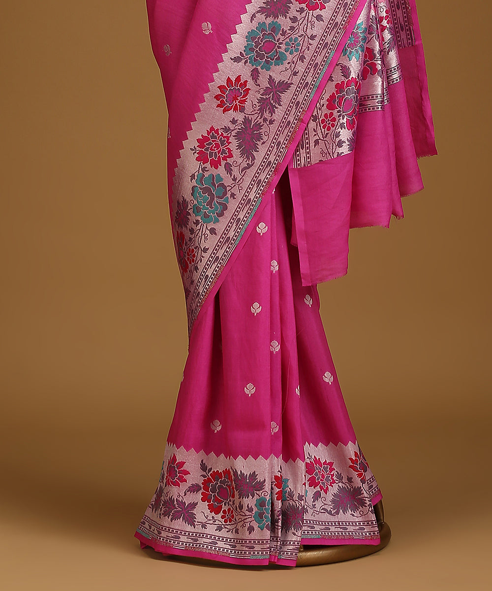 Magenta_Handloom_Pure_Tusser_Georgette_Banarasi_Saree_With_Multicolour_Floral_Border_And_Bootis_WeaverStory_03