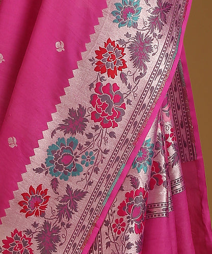 Magenta_Handloom_Pure_Tusser_Georgette_Banarasi_Saree_With_Multicolour_Floral_Border_And_Bootis_WeaverStory_04