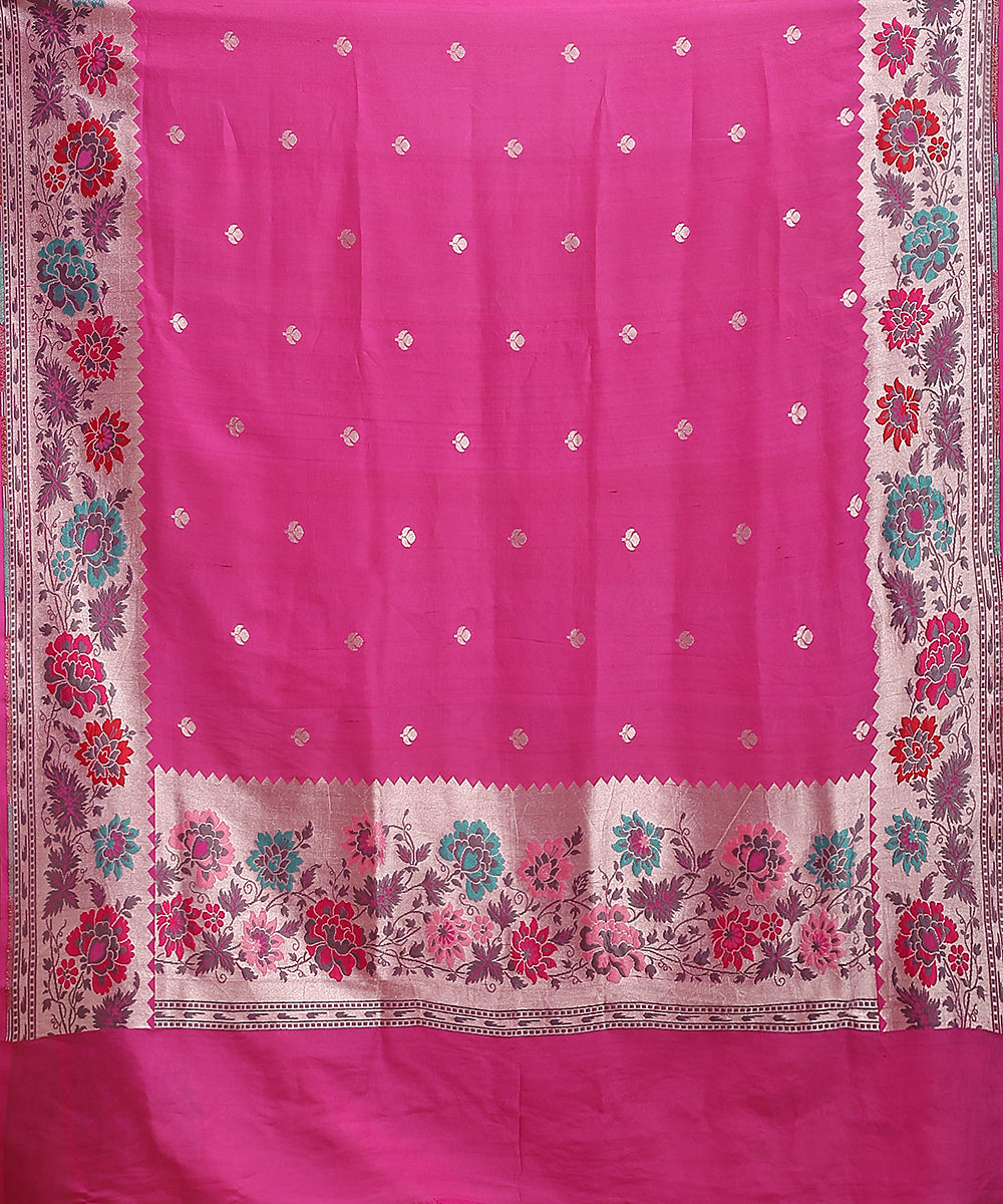 Magenta_Handloom_Pure_Tusser_Georgette_Banarasi_Saree_With_Multicolour_Floral_Border_And_Bootis_WeaverStory_05