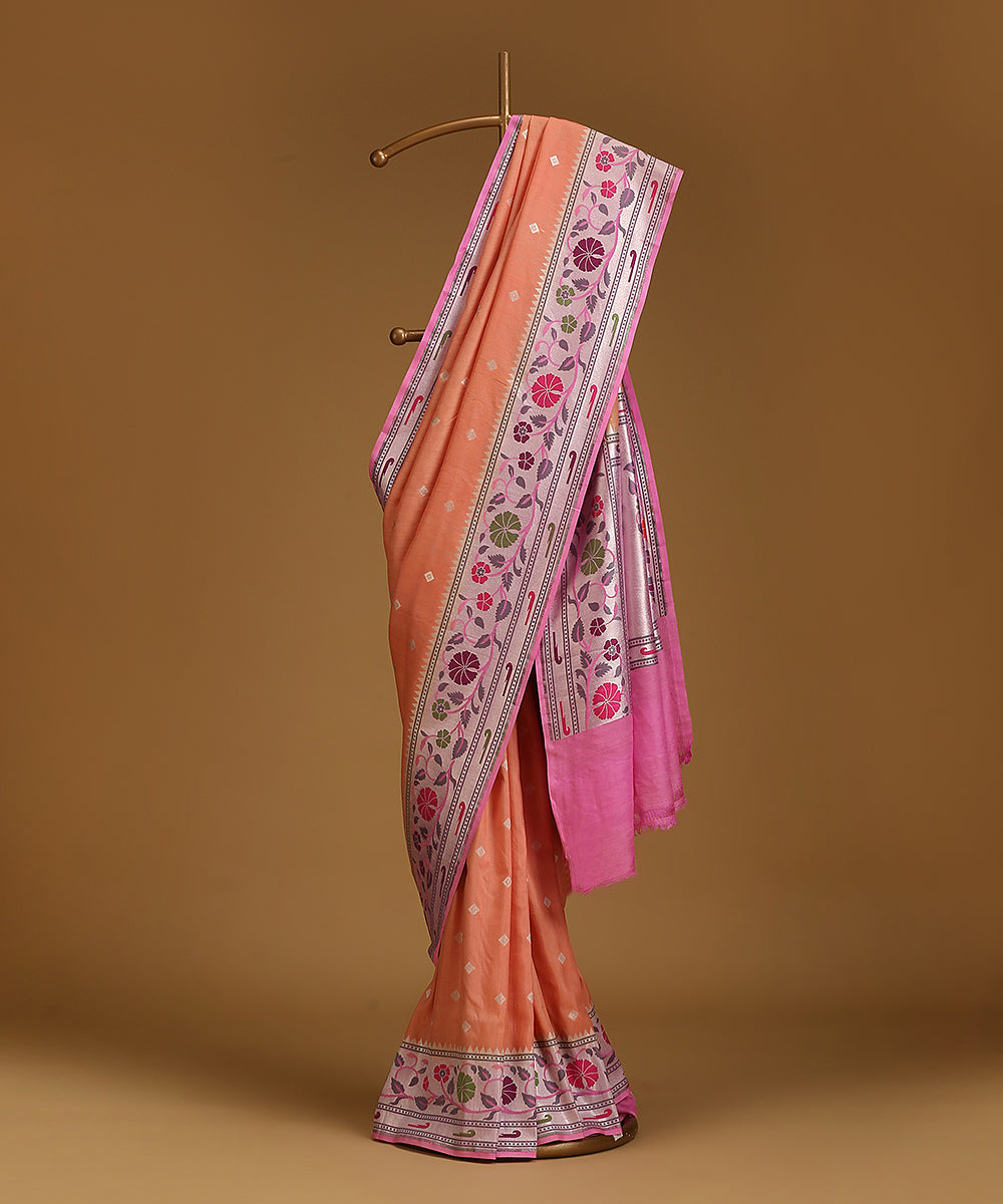 Handloom_Rust_And_Pink_Pure_Tusser_Georgette_Banarasi_Saree_With_Multicolour_Floral_Border_WeaverStory_01