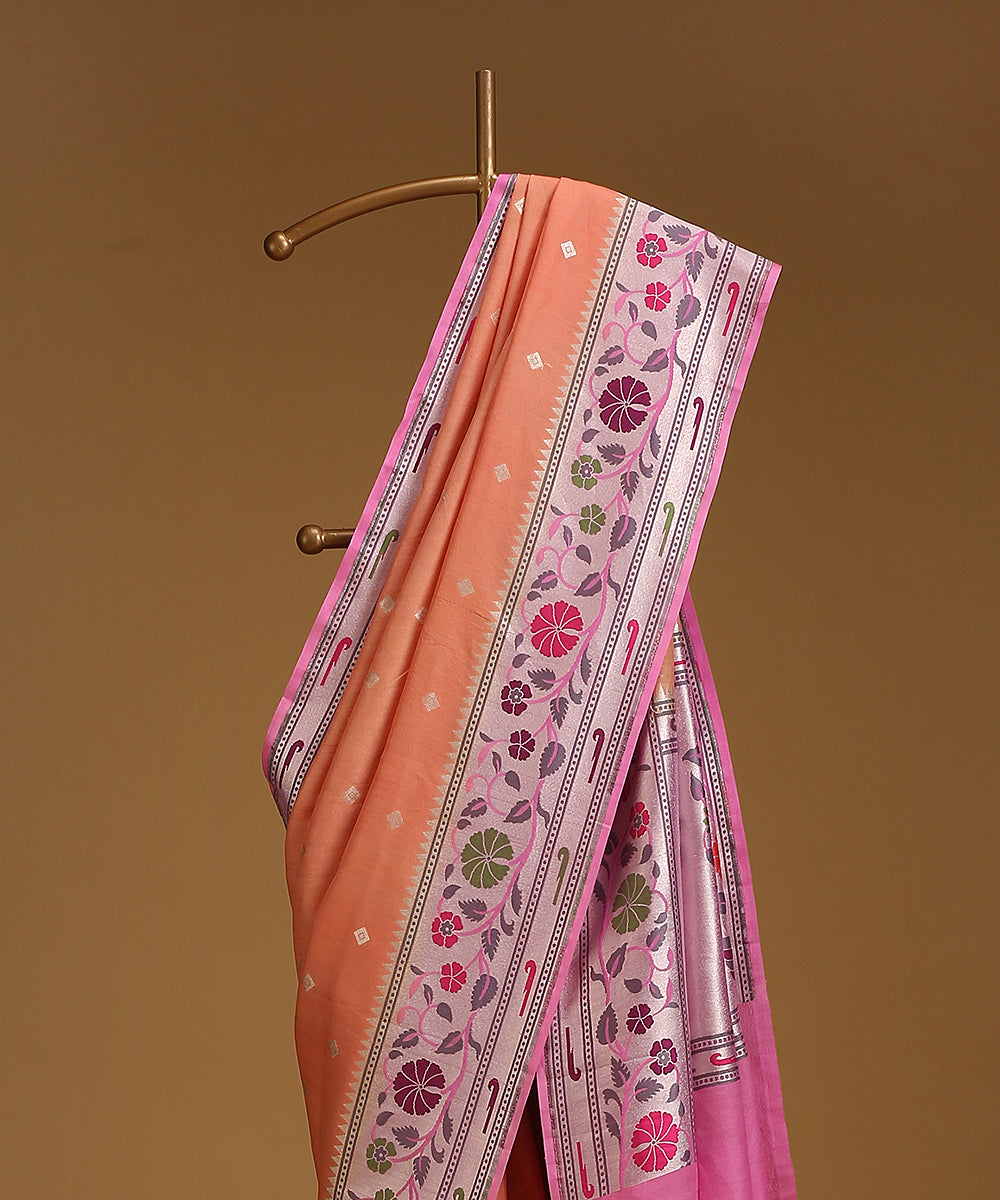 Handloom_Rust_And_Pink_Pure_Tusser_Georgette_Banarasi_Saree_With_Multicolour_Floral_Border_WeaverStory_02