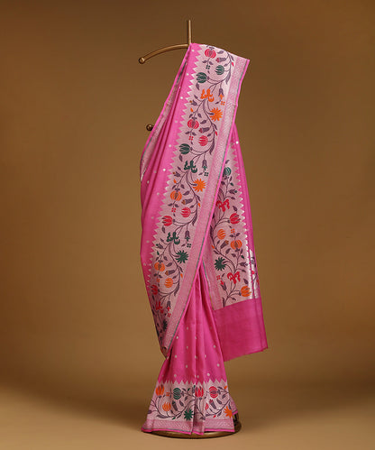 Pink_Handloom_Pure_Tusser_Georgette_Banarasi_Saree_With_Multicolour_Floral_Border_And_Cutwork_Bootis_WeaverStory_01