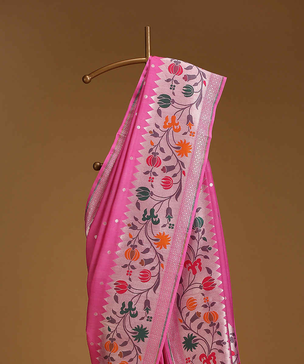 Pink_Handloom_Pure_Tusser_Georgette_Banarasi_Saree_With_Multicolour_Floral_Border_And_Cutwork_Bootis_WeaverStory_02