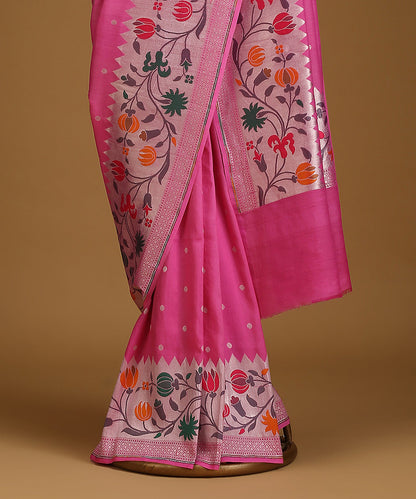 Pink_Handloom_Pure_Tusser_Georgette_Banarasi_Saree_With_Multicolour_Floral_Border_And_Cutwork_Bootis_WeaverStory_03