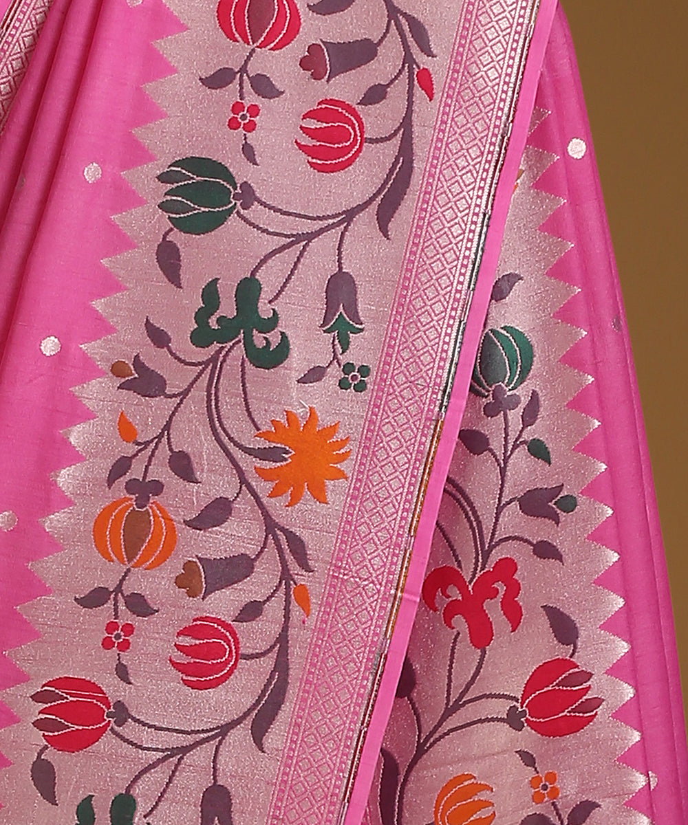 Pink_Handloom_Pure_Tusser_Georgette_Banarasi_Saree_With_Multicolour_Floral_Border_And_Cutwork_Bootis_WeaverStory_04