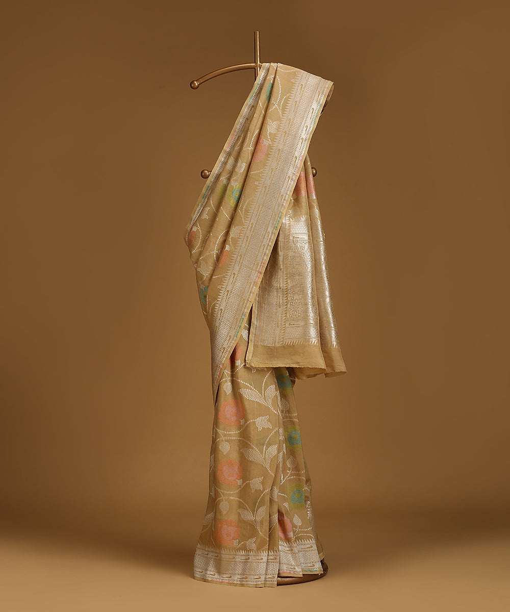 Handloom_Dark_Beige_Pure_Tusser_Georgette_Banarasi_Saree_With_Multicolour_Cutwork_Booti_And_Zari_Border_WeaverStory_01