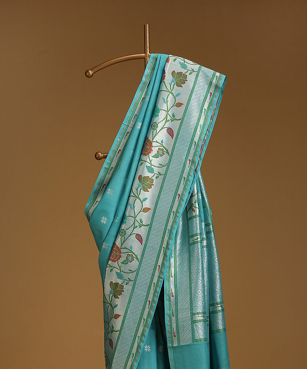 Blue_Handloom_Pure_Tusser_Georgette_Banarasi_Saree_With_Multicolour_Floral_Border_WeaverStory_02