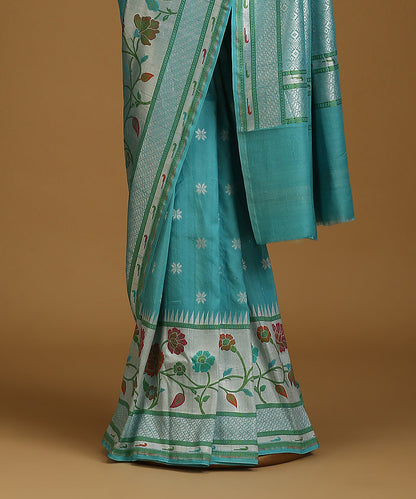 Blue_Handloom_Pure_Tusser_Georgette_Banarasi_Saree_With_Multicolour_Floral_Border_WeaverStory_03