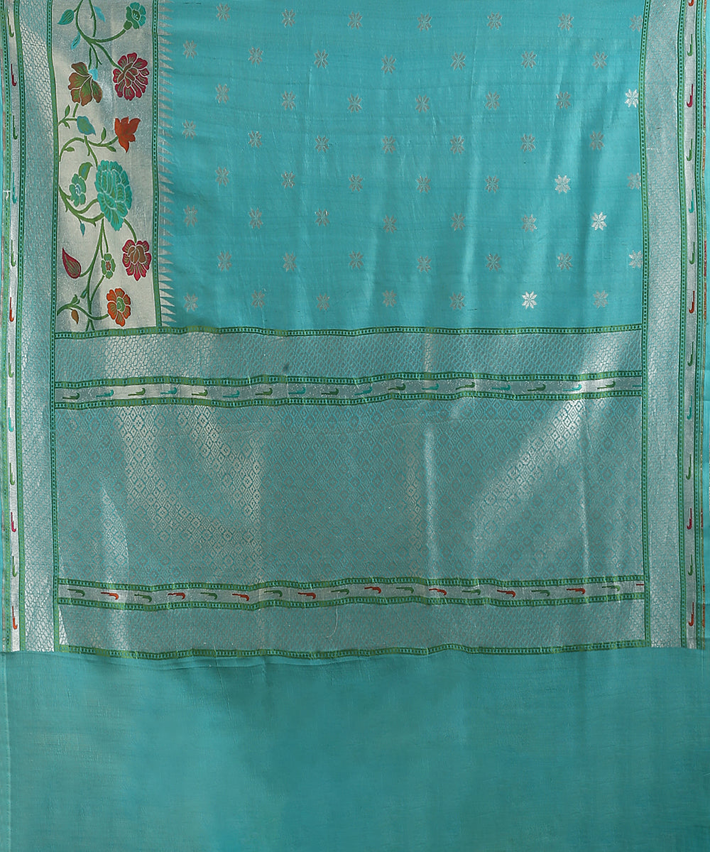 Blue_Handloom_Pure_Tusser_Georgette_Banarasi_Saree_With_Multicolour_Floral_Border_WeaverStory_05