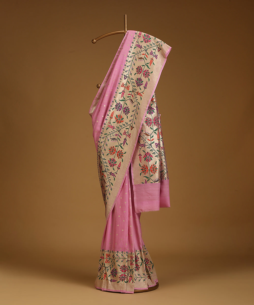 Handloom_Pink_Pure_Tusser_Georgette_Banarasi_Saree_With_Multicolour_Floral_Border_And_Cutwork_Booti_WeaverStory_01