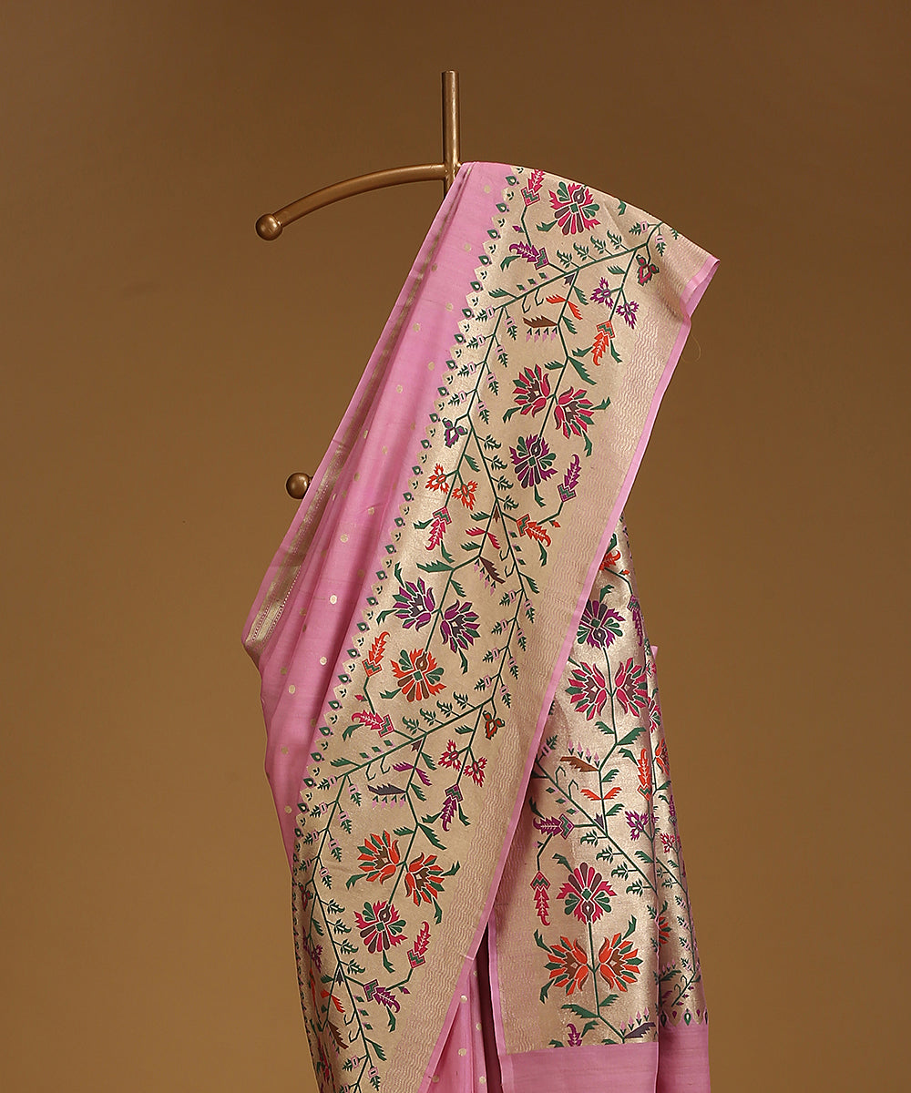 Handloom_Pink_Pure_Tusser_Georgette_Banarasi_Saree_With_Multicolour_Floral_Border_And_Cutwork_Booti_WeaverStory_02