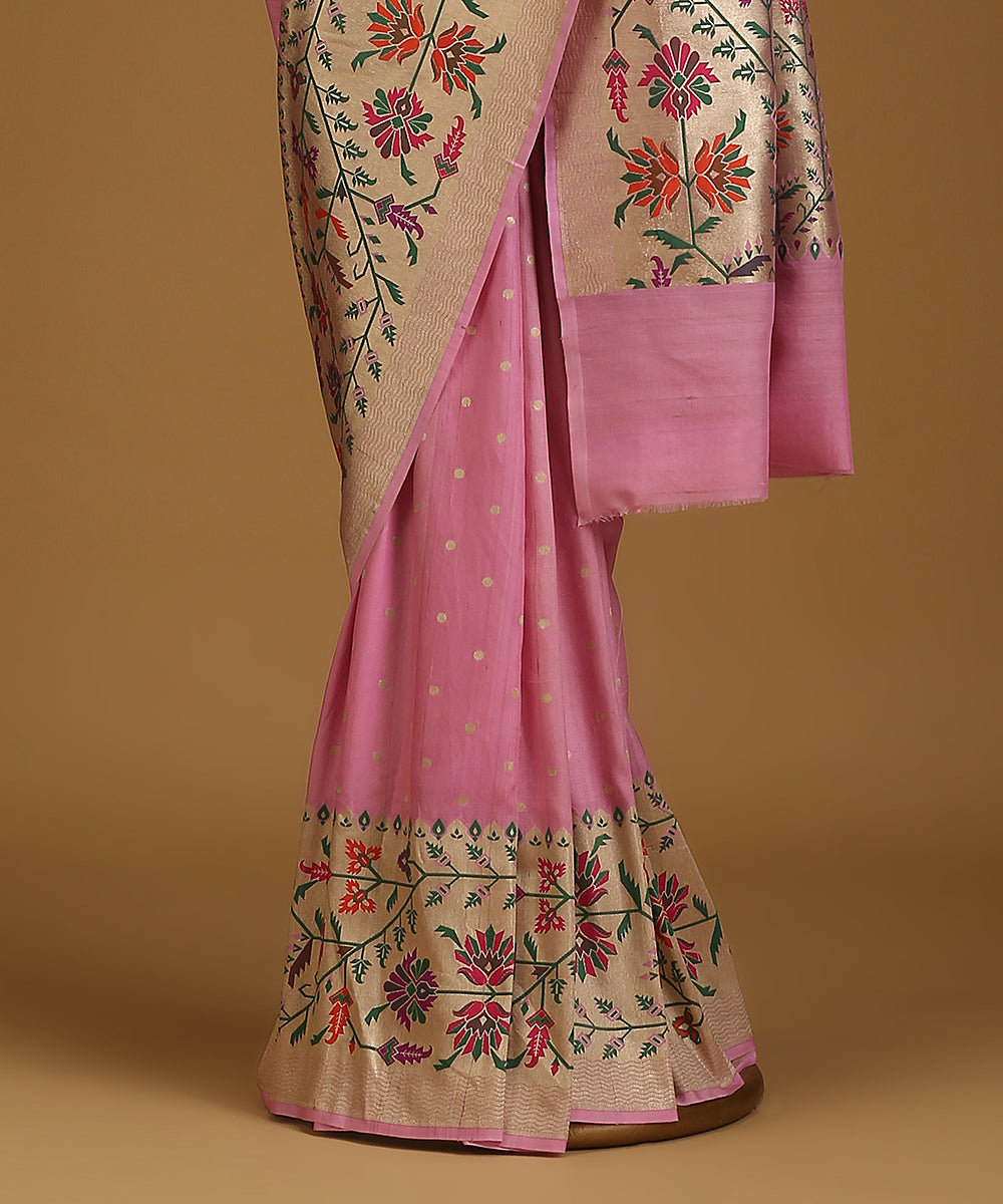 Handloom_Pink_Pure_Tusser_Georgette_Banarasi_Saree_With_Multicolour_Floral_Border_And_Cutwork_Booti_WeaverStory_03