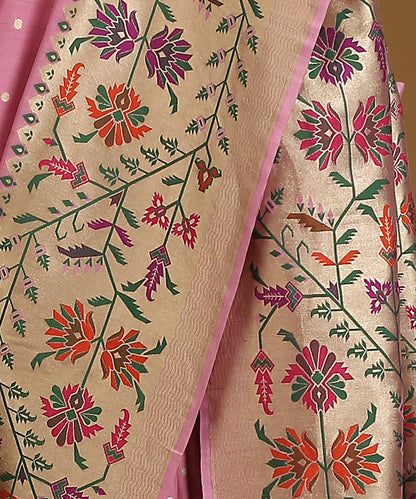 Handloom_Pink_Pure_Tusser_Georgette_Banarasi_Saree_With_Multicolour_Floral_Border_And_Cutwork_Booti_WeaverStory_04