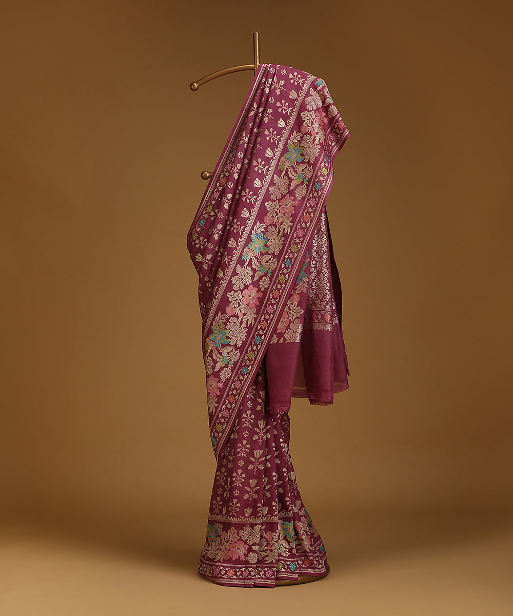 Handloom_Wine_Pure_Tusser_Georgette_Banarasi_Saree_With_All_Over_Floral_Motifs_WeaverStory_01