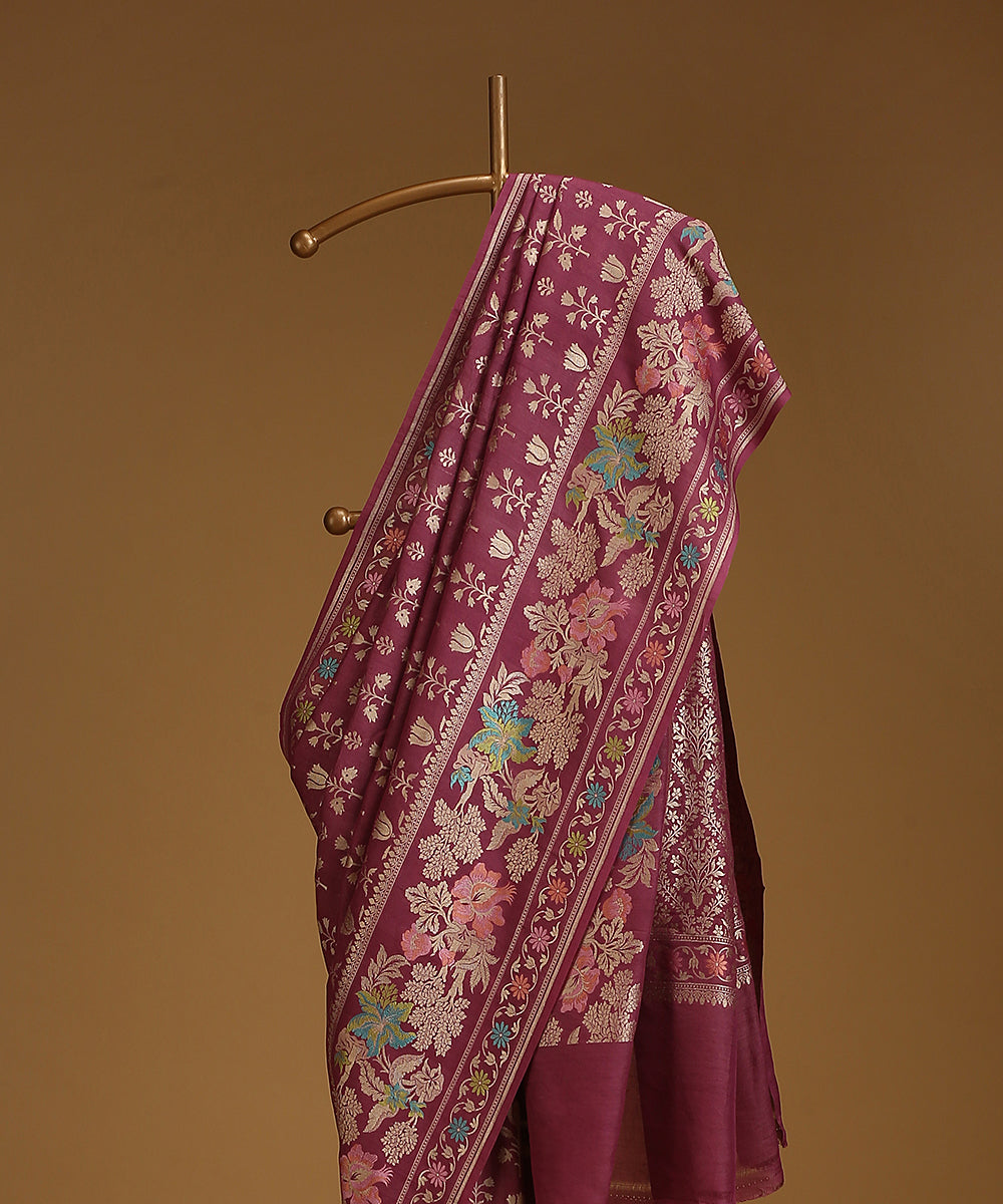 Handloom_Wine_Pure_Tusser_Georgette_Banarasi_Saree_With_All_Over_Floral_Motifs_WeaverStory_02