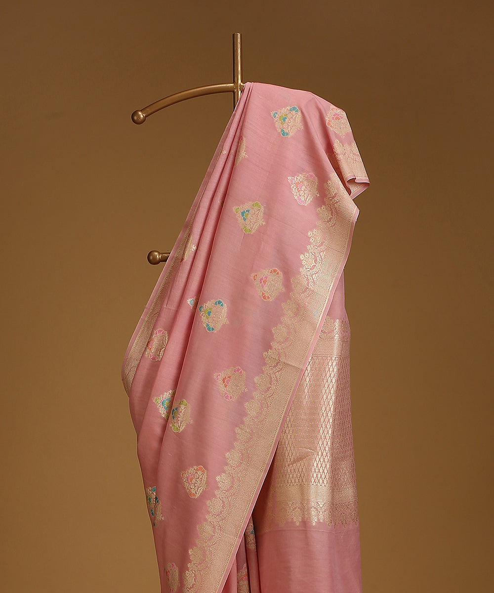 Pink_Handloom_Pure_Tusser_Georgette_Banarasi_Saree_With_Floral_Bootas_WeaverStory_02