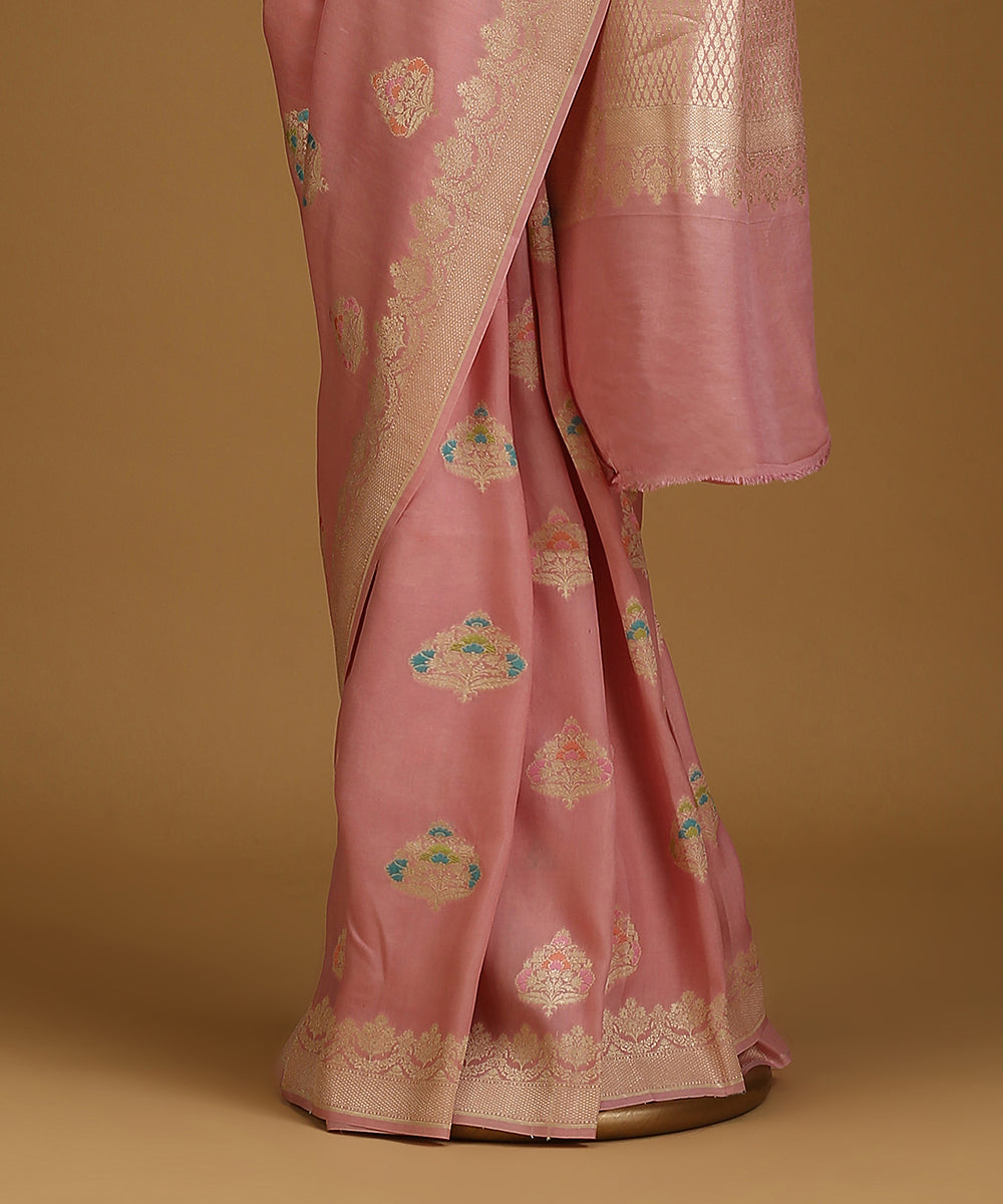 Pink_Handloom_Pure_Tusser_Georgette_Banarasi_Saree_With_Floral_Bootas_WeaverStory_03