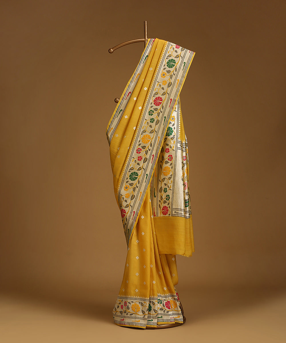 Handloom_Mustard_Pure_Tusser_Georgette_Banarasi_Saree_With_Multicolour_Border_WeaverStory_01