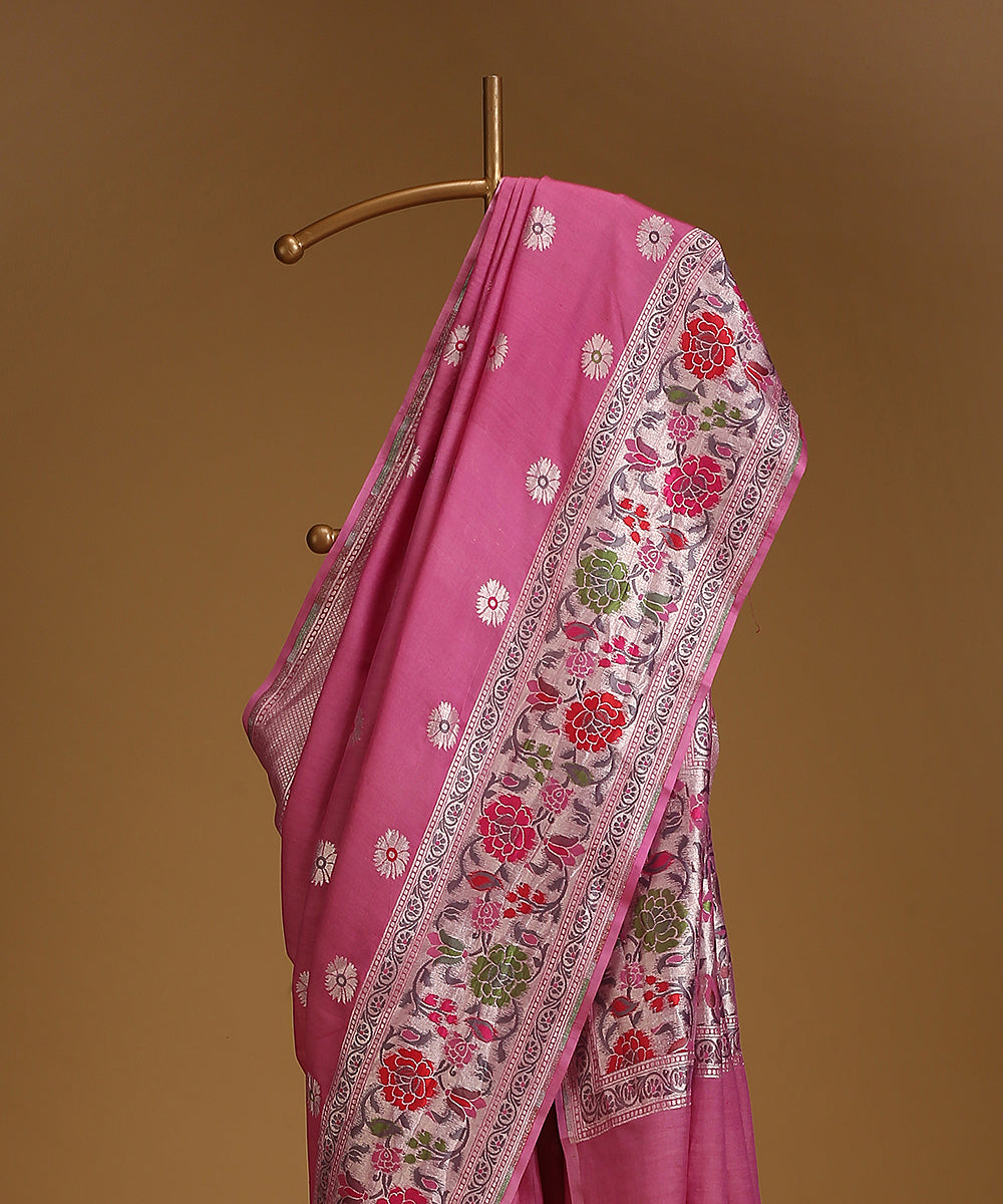 Handloom_Pink_Pure_Tusser_Georgette_Banarasi_Saree_With_Multicolour_Floral_Border_WeaverStory_02