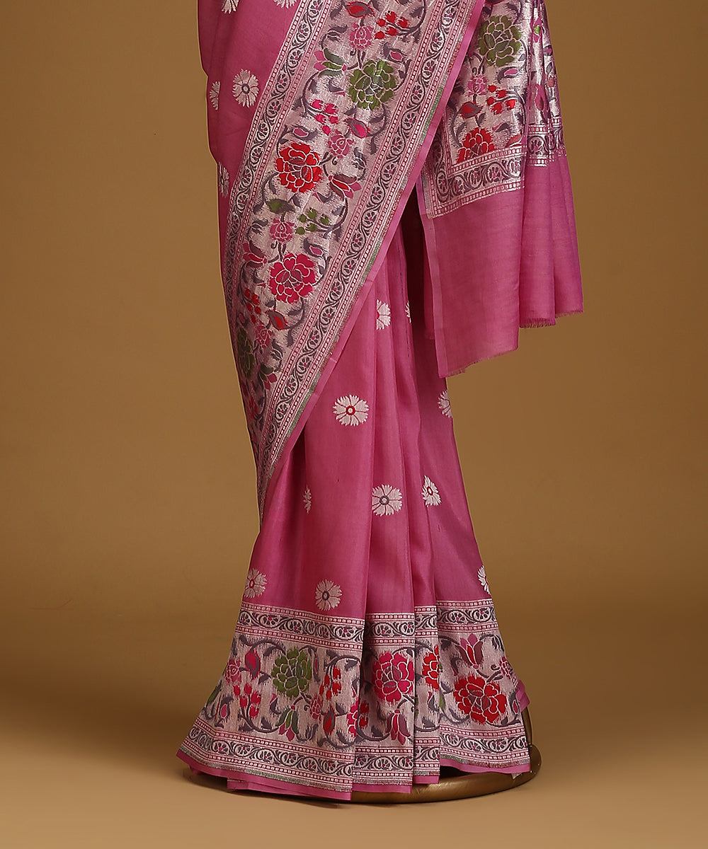 Handloom_Pink_Pure_Tusser_Georgette_Banarasi_Saree_With_Multicolour_Floral_Border_WeaverStory_03