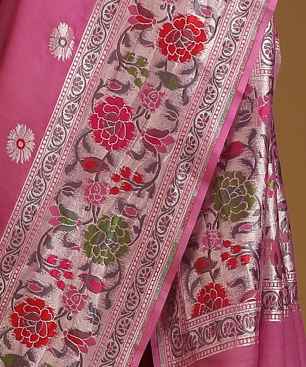 Handloom_Pink_Pure_Tusser_Georgette_Banarasi_Saree_With_Multicolour_Floral_Border_WeaverStory_04