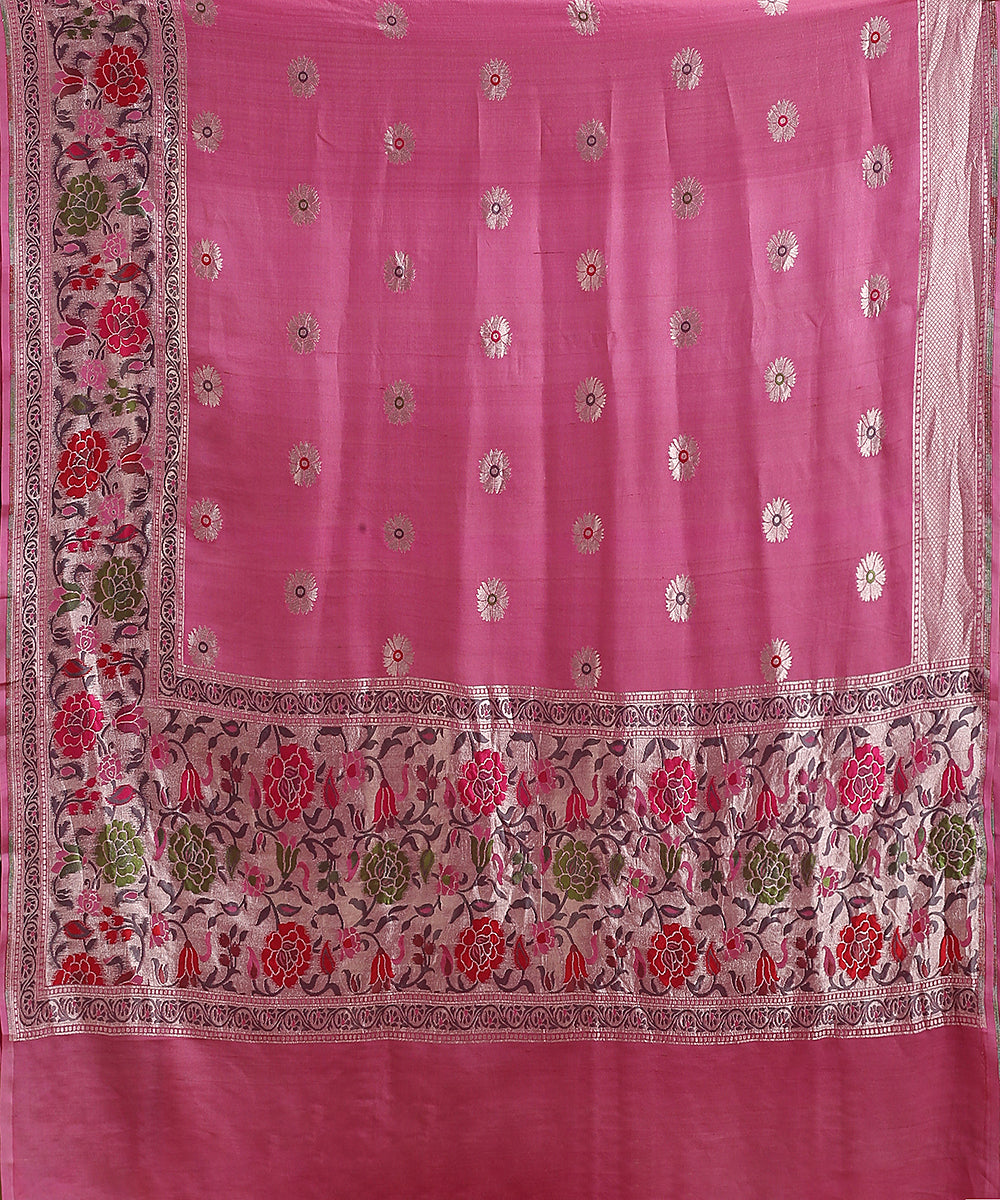 Handloom_Pink_Pure_Tusser_Georgette_Banarasi_Saree_With_Multicolour_Floral_Border_WeaverStory_05