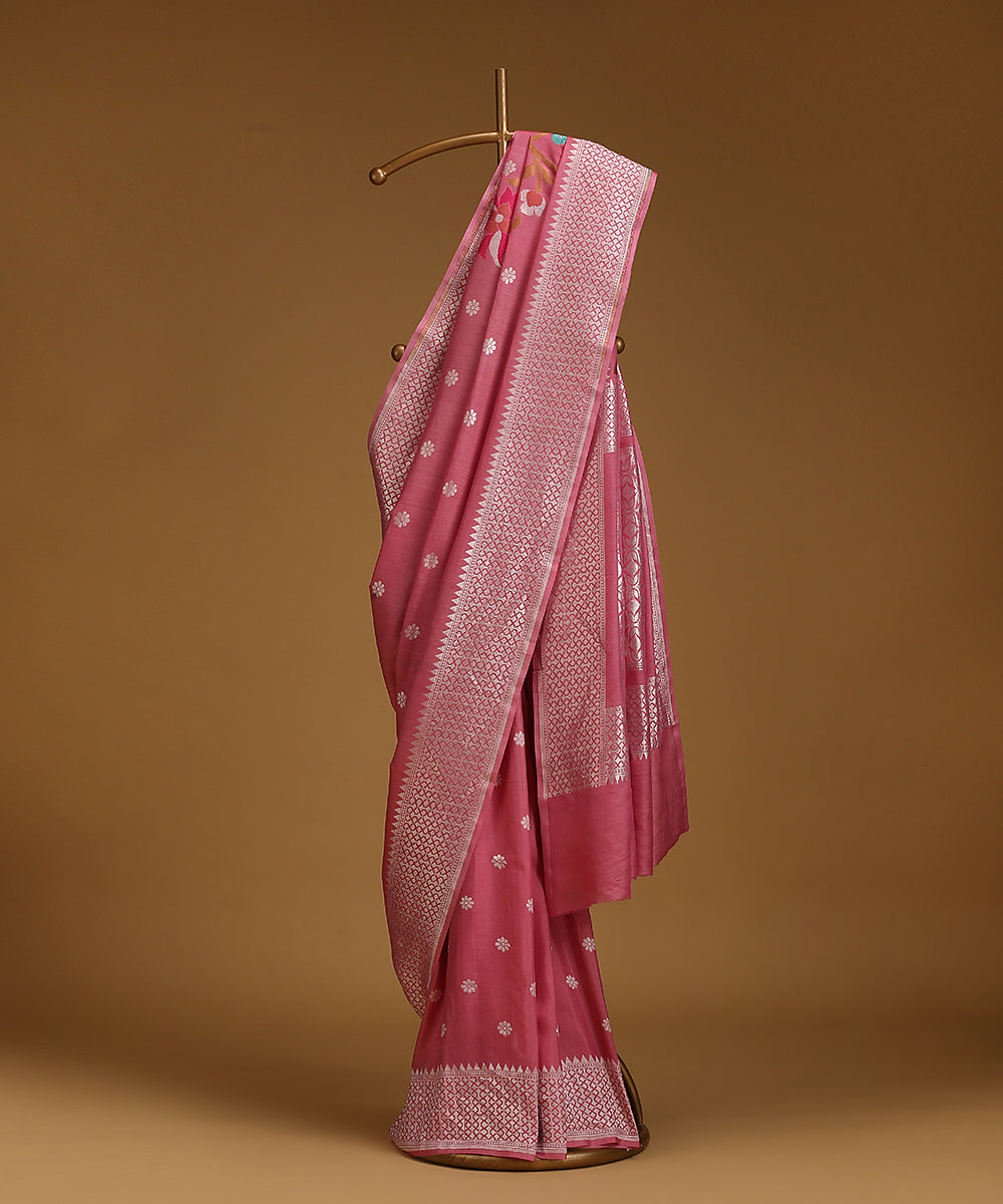 Pink_Handloom_Pure_Tusser_Georgette_Banarasi_Saree_With_All_Over_Booti_WeaverStory_01