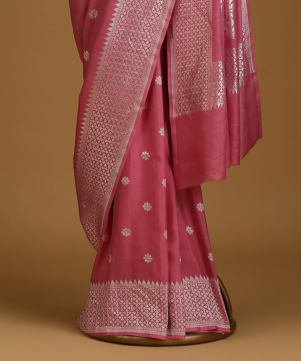 Pink_Handloom_Pure_Tusser_Georgette_Banarasi_Saree_With_All_Over_Booti_WeaverStory_03