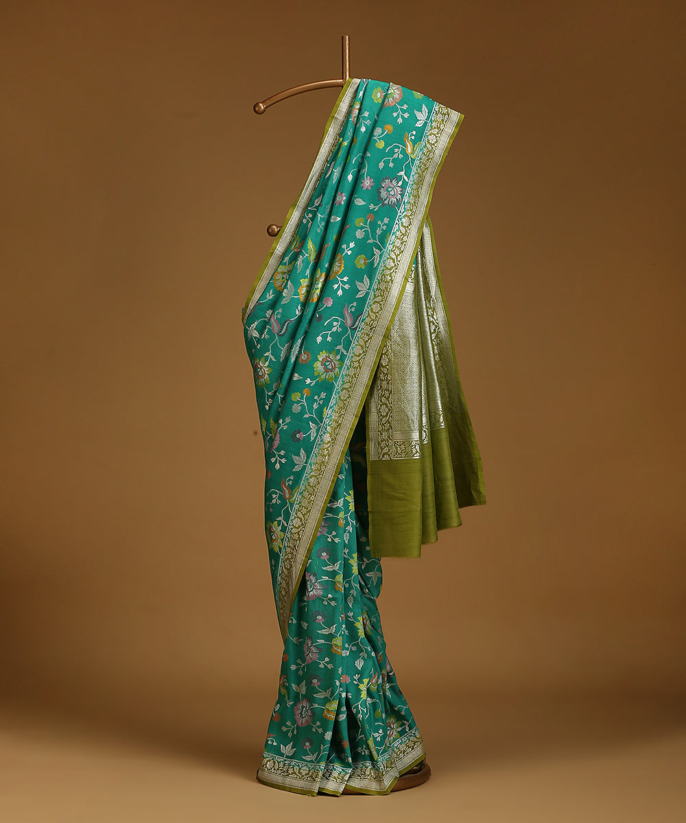 Handloom_Teal_And_Green_Pure_Tusser_Georgette_Banarasi_Saree_With_Floral_Bootas_WeaverStory_01